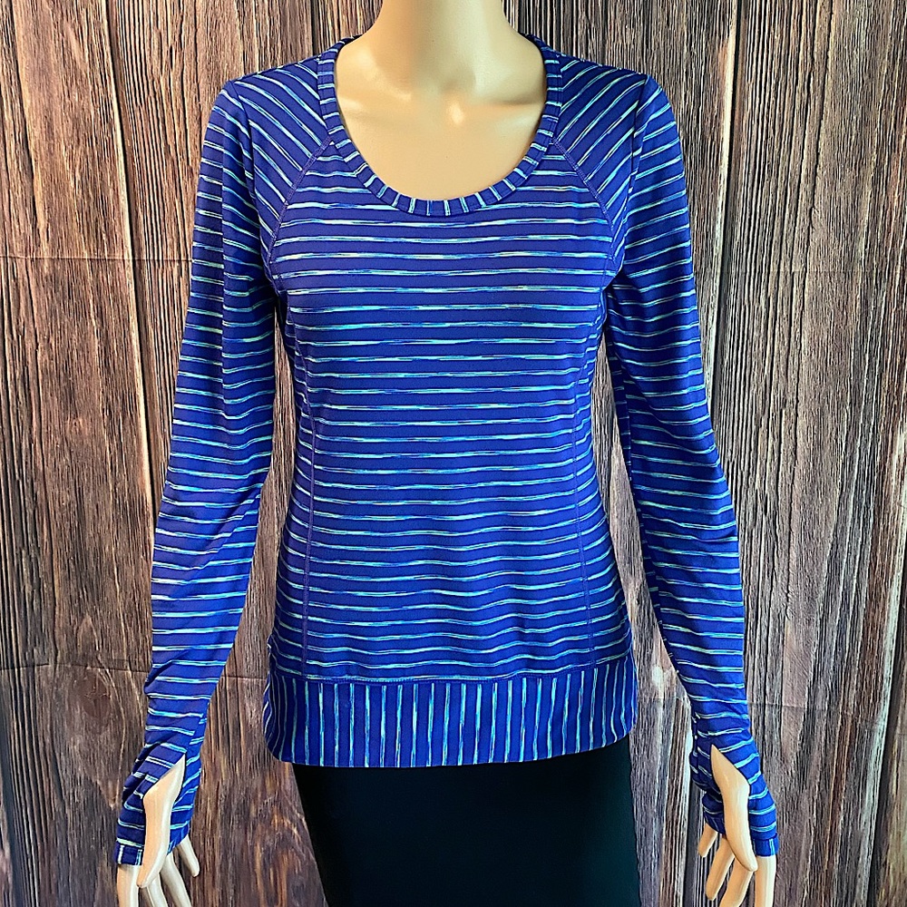 Athleta electric blue & green stripped long sleeve athletic running top